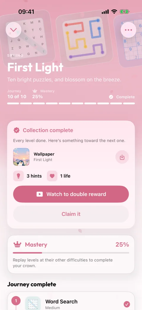 The First Light collection, finished, showing its wallpaper reward and mastery progress