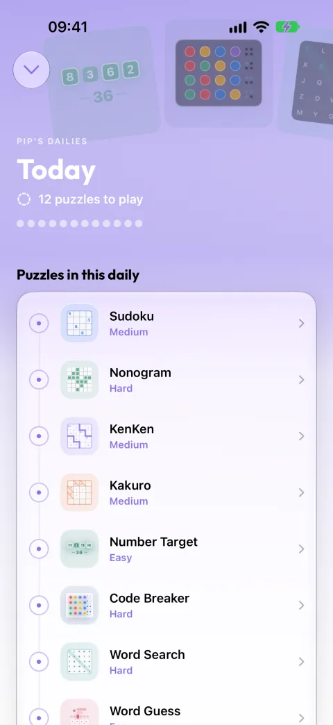 Pip’s dailies page for today in Winters Puzzles, showing the full 12-puzzle set