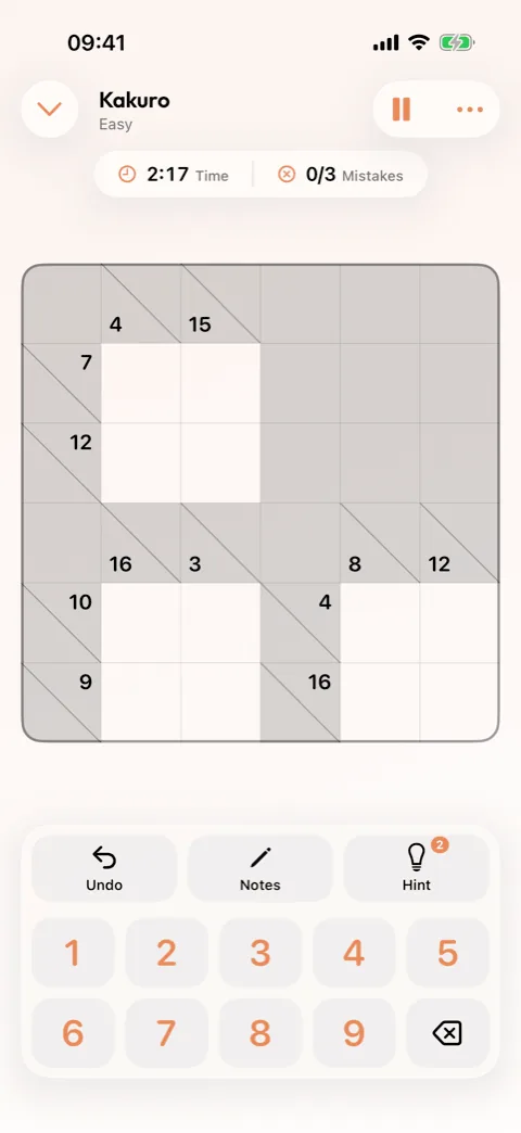 A Kakuro grid in Winters Puzzles with its diagonal sum clues