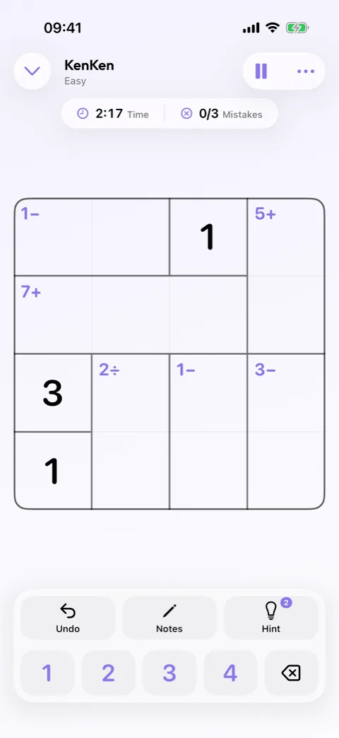 A KenKen board in Winters Puzzles showing its outlined cages and arithmetic targets