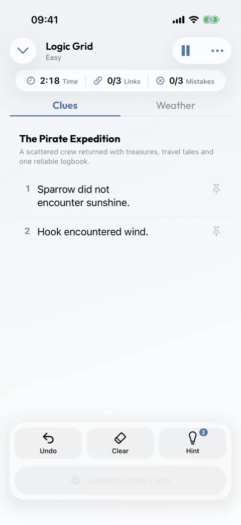 A Logic Grid in Winters Puzzles with its clues and a part-marked grid