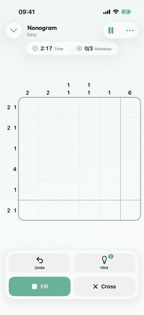A Nonogram grid in Winters Puzzles with its row and column clues, partly filled in